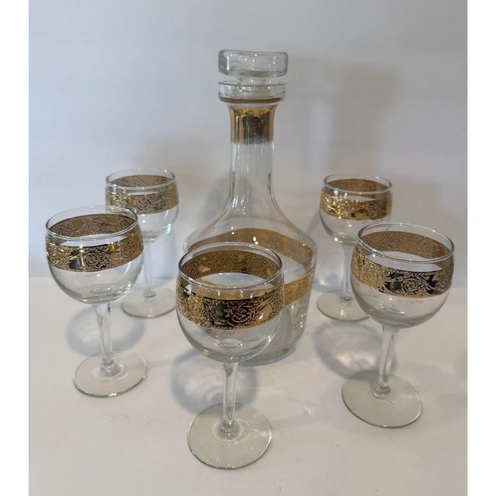 Vintage Culvers Ltd Tyrol 22K Gold Decanter & 5 Wine Glasses Made in USA 1960s